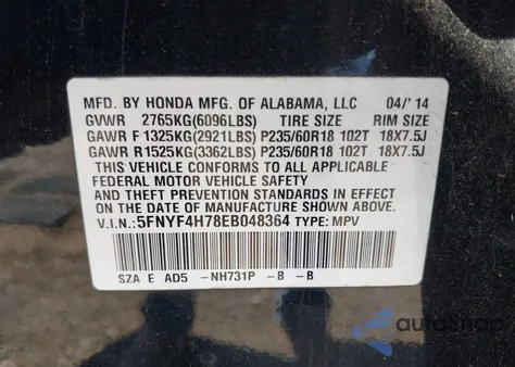 2014 Honda Pilot Ex-L z USA, uszkodzony, nr VIN 5FNYF4H78EB048364